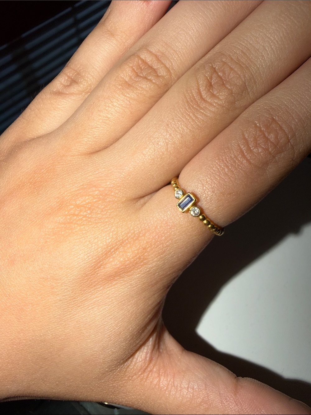 18K Solid Gold Adjustable Ring – Blue Zircon Stone – Minimalist Stackable Ring - Picture 3 of 5